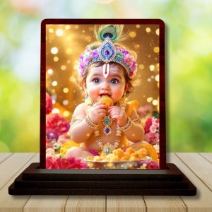 Car Desk/Table Top Bal Krishna Wooden Photo Stand 3x4 Inches, Compact & Stylish Spiritual Display For Car, Home & Office (Pack Of 1) (F14973)