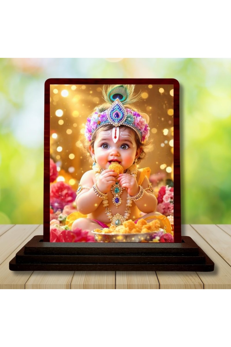 Car Desk/Table Top Bal Krishna Wooden Photo Stand â€“ 3x4 Inches, Compact & Stylish Spiritual Display For Car, Home & Office (Pack Of 1) (F14973)