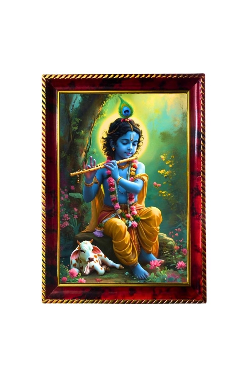 Lord Sri Krishna Photo Frame For Wall & Table | 7x9 Inch Golden Cherry Finish | Decorative Lord Sri Krishna Photo Frame For Home, Office & Pooja Room (F11366)