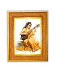 Goddess Saraswati Photo Frame 18x22 Inches-Brown Wooden Frame For Home, Office & Temple Decoration And Gifting (F6483)