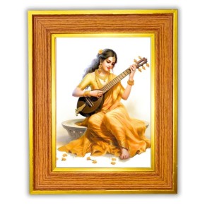 Goddess Saraswati Photo Frame 18x22 Inches-Brown Wooden Frame For Home, Office & Temple Decoration And Gifting (F6483)