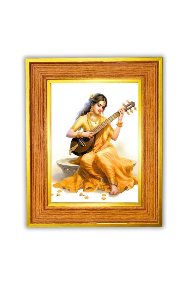 Goddess Saraswati Photo Frame 10x14 Inches-Brown Wooden Frame For Home, Office & Temple Decoration And Gifting (F6483)