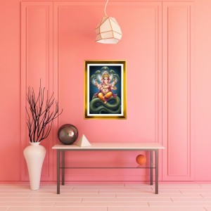 Lord Ganesha Golden Photo Frame - 10x14 Inches | Elegant Wooden Frame For Home, Office & Temple Decoration | Spiritual Wall & Table Decor and Gift Item