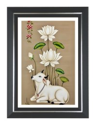 Cow And Lotus Flowers Photo Wall & Table Frame | 16x20 Inch Black Designer | Perfect For Gifting & Home Decor (F9605)