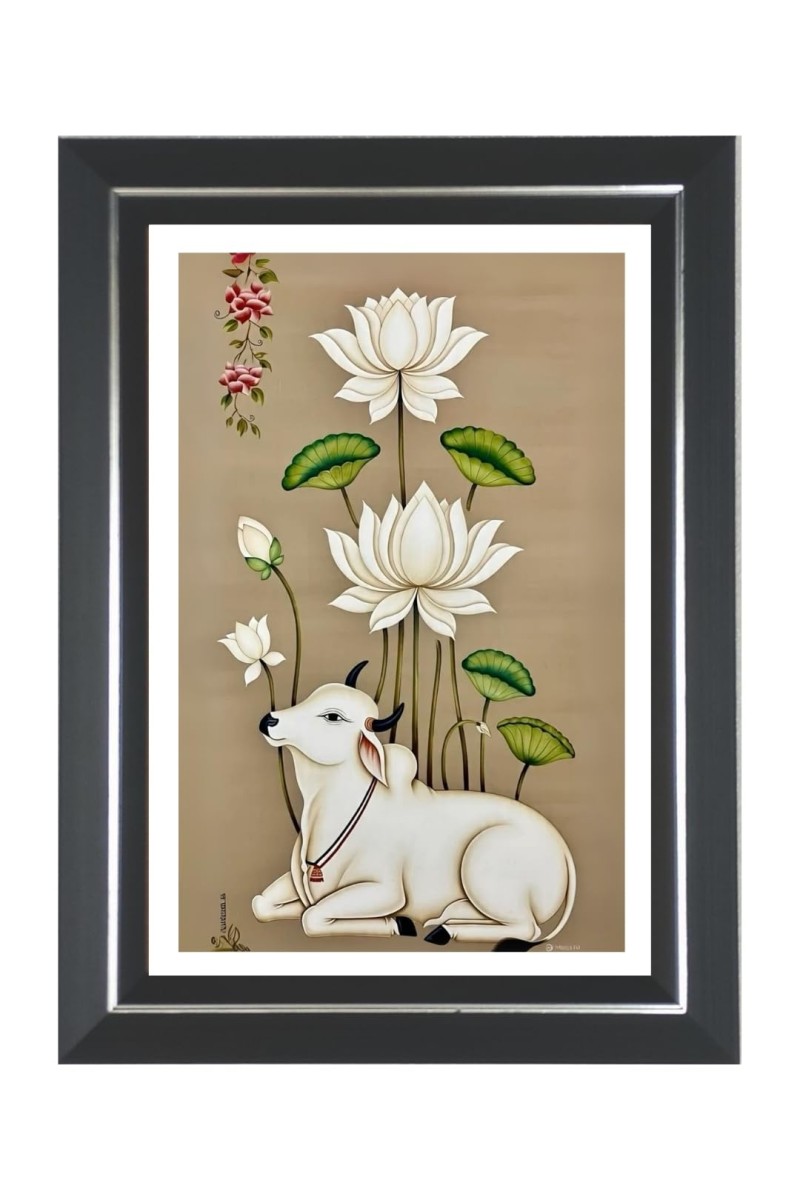 Cow And Lotus Flowers Photo Wall & Table Frame | 10x14 Inch Black Designer | Perfect For Gifting & Home Decor (F9605)