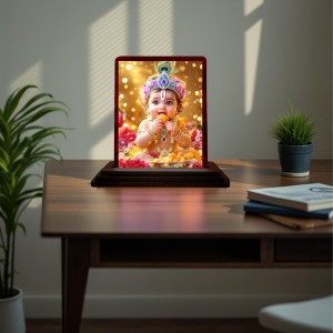 Car Desk/Table Top Bal Krishna Wooden Photo Stand 3x4 Inches, Compact & Stylish Spiritual Display For Car, Home & Office (Pack Of 1) (F14973)