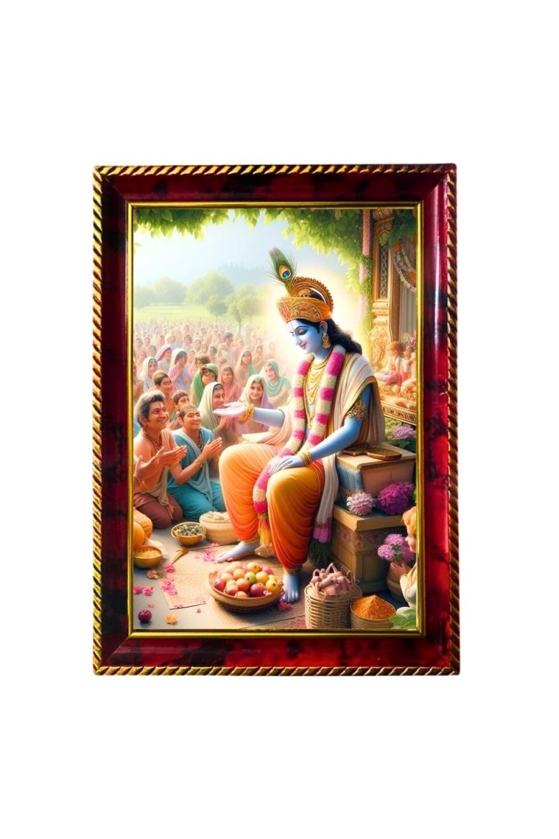 Lord Krishna With Devotees Photo Frame For Wall & Table | 7x9 Inch Golden Cherry Finish | Decorative Lord Krishna With Devotees Photo Frame For Home, Office & Pooja Room (F11469)