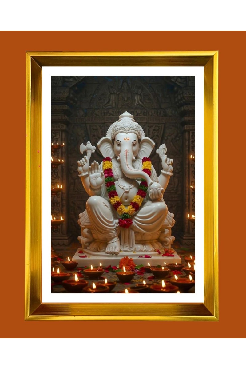 Lord Ganesha Golden Photo Frame - 10x14 Inches | Elegant Wooden Frame For Home, Office & Temple Decoration | Spiritual Wall & Table Decor and Gift Item