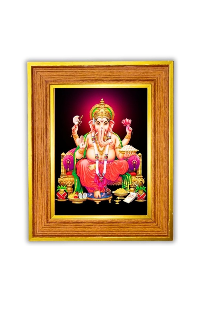 Lord Ganesha Photo Frame 10x14 Inches-Brown Wooden Frame For Home, Office & Temple Decoration And Gifting (F6469)