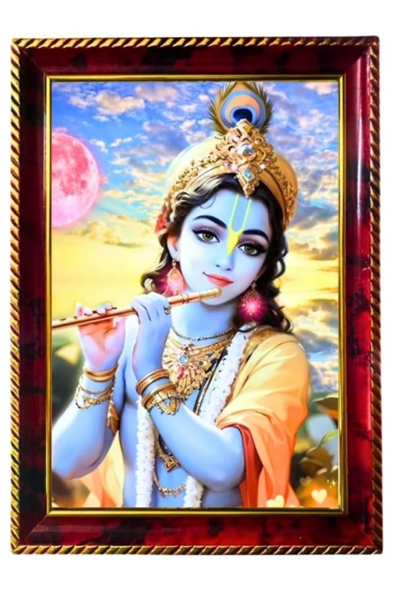 Lord Sri Krishna Photo Frame For Wall & Table | 7x9 Inch Golden Cherry Finish | Decorative Lord Sri Krishna Photo Frame For Home, Office & Pooja Room (F11523)