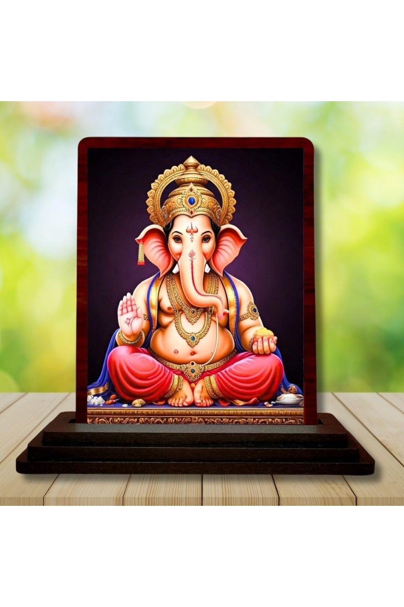 Lord Ganesha Wooden Photo Stand | Car Desk/Table Top- 3x4 Inches, Compact & Stylish Spiritual Display For Car, Home & Office (Pack Of 1) (F14537)