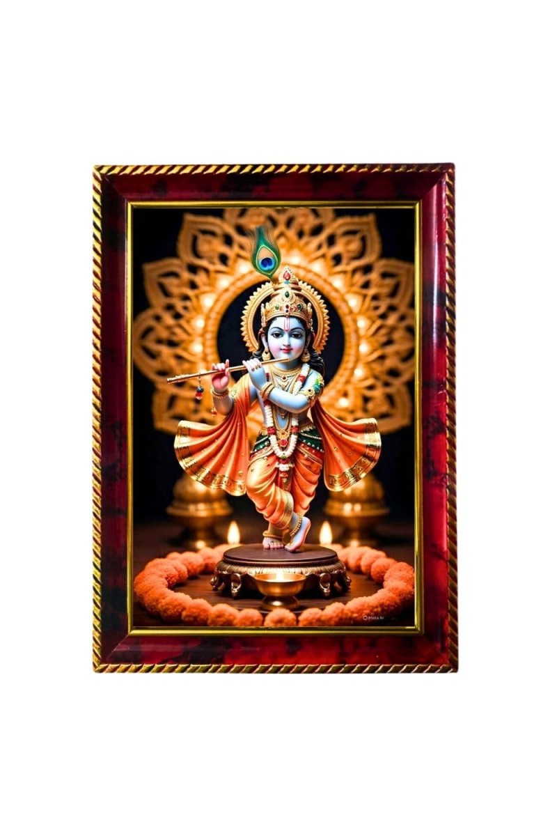 Lord Krishna Photo Frame For Wall & Table | 7x9 Inch Golden Cherry Finish | Decorative Lord Krishna Photo Frame For Home, Office & Pooja Room (F11793)