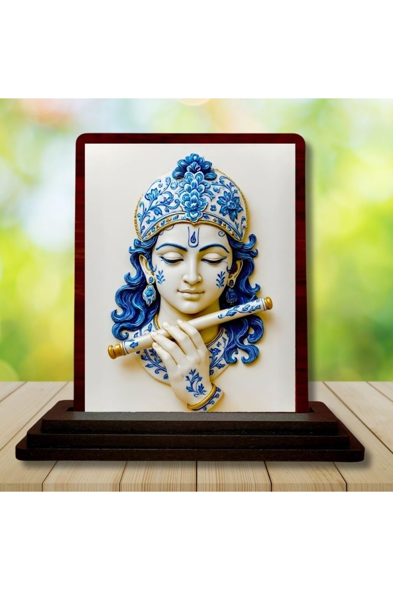 Car Desk/Table Top Lord Krishna Wooden Photo Stand 3x4 Inches, Compact & Stylish Spiritual Display For Car, Home & Office (Pack Of 1) (F14283)