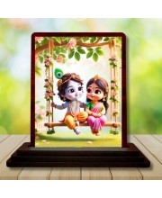 Car Desk/Table Top Little Radha Krishna Wooden Photo Stand 3x4 Inches, Compact & Stylish Spiritual Display For Car, Home & Office (Pack Of 1) (F14452)