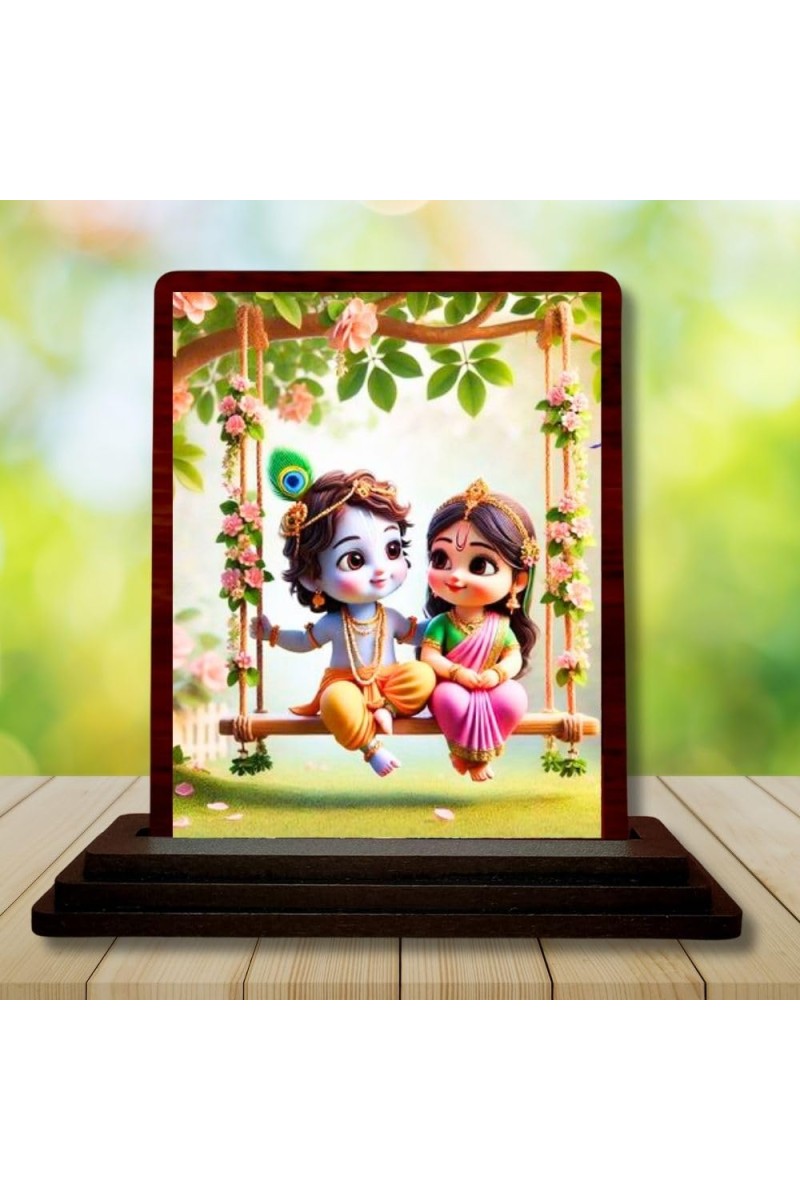 Car Desk/Table Top Little Radha Krishna Wooden Photo Stand 3x4 Inches, Compact & Stylish Spiritual Display For Car, Home & Office (Pack Of 1) (F14452)