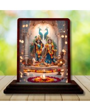 Car Desk/Table Top Radha Krishna Wooden Photo Stand 3x4 Inches, Compact & Stylish Spiritual Display For Car, Home & Office (Pack Of 1) (F14362)