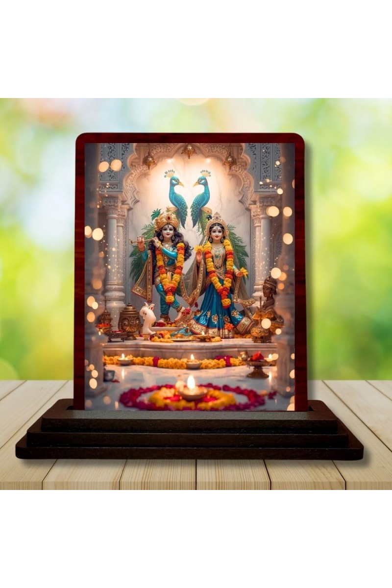 Car Desk/Table Top Radha Krishna Wooden Photo Stand 3x4 Inches, Compact & Stylish Spiritual Display For Car, Home & Office (Pack Of 1) (F14362)