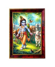 Lord Krishna With Cows Photo Frame For Wall & Table | 7x9 Inch Golden Cherry Finish | Decorative Lord Krishna With Cows Photo Frame For Home, Office & Pooja Room (F11383)