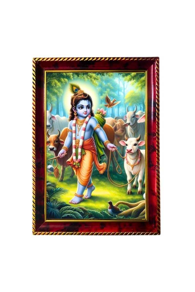 Lord Krishna With Cows Photo Frame For Wall & Table | 7x9 Inch Golden Cherry Finish | Decorative Lord Krishna With Cows Photo Frame For Home, Office & Pooja Room (F11383)