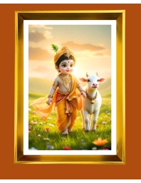 Bal Krishna Golden Photo Frame - 10x14 Inches | Elegant Wooden Frame For Home, Office & Temple Decoration | Spiritual Wall & Table Decor And Gift Item (F9854)