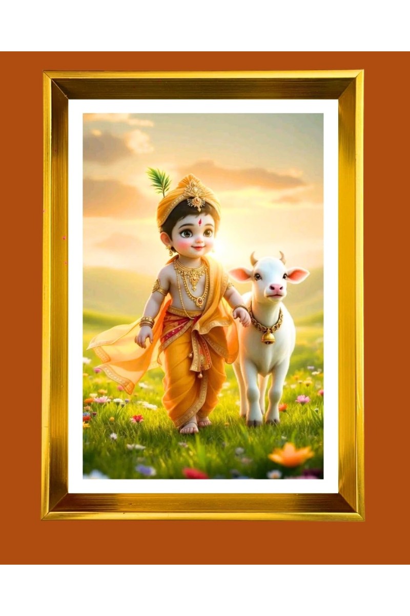 Bal Krishna Golden Photo Frame - 16x20 Inches | Elegant Wooden Frame For Home, Office & Temple Decoration | Spiritual Wall & Table Decor And Gift Item (F9854)