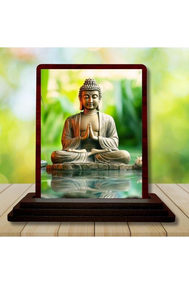 Car Desk/Table Top Lord Buddha Wooden Photo Stand 3x4 Inches, Compact & Stylish Spiritual Display For Car, Home & Office (Pack Of 1) (F14495)