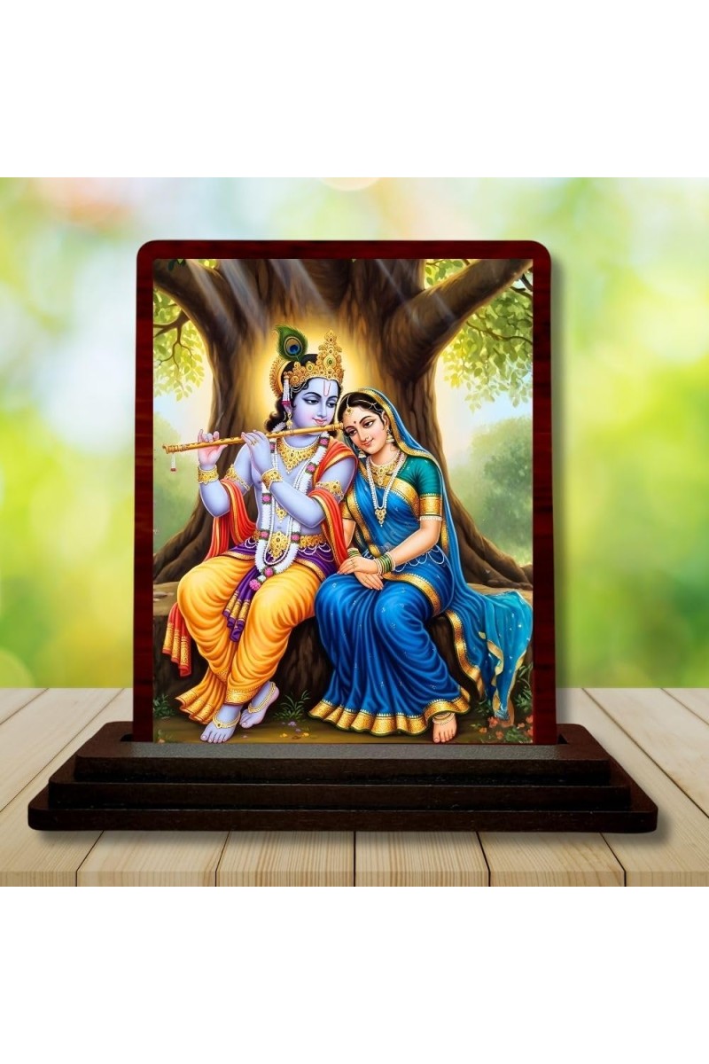 Car Desk/Table Top Radha Krishna Wooden Photo Stand 3x4 Inches, Compact & Stylish Spiritual Display For Car, Home & Office (Pack Of 1) (F14274)