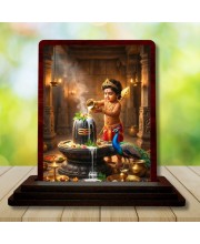Car Desk/Table Top Lord Karthikeya With Shivalingam Wooden Photo Stand 3x4 Inches, Compact & Stylish Spiritual Display For Car, Home & Office (Pack Of 1) (F14335)