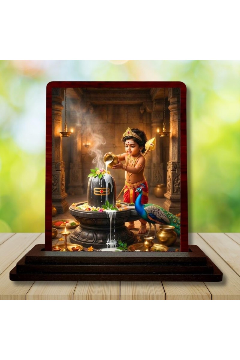 Car Desk/Table Top Lord Karthikeya With Shivalingam Wooden Photo Stand 3x4 Inches, Compact & Stylish Spiritual Display For Car, Home & Office (Pack Of 1) (F14335)