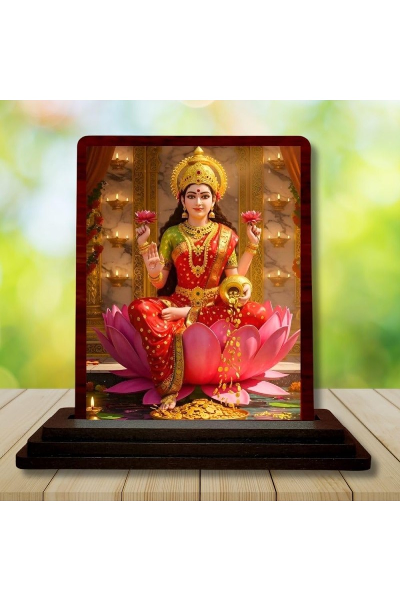 Car Desk/Table Top Goddess Lakshmi Wooden Photo Stand 3x4 Inches, Compact & Stylish Spiritual Display For Car, Home & Office (Pack Of 1) (F14152)