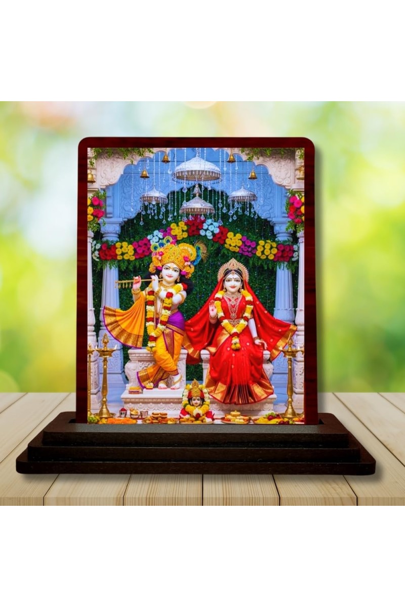 Car Desk/Table Top Lord Radha Krishn Wooden Photo Stand â€“ 3x4 Inches, Compact & Stylish Spiritual Display For Car, Home & Office (Pack Of 1) (F15097)