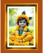 Little Krishna Golden Photo Frame - 10x14 Inches | Elegant Wooden Frame For Home, Office & Temple Decoration | Spiritual Wall & Table Decor and Gift Item