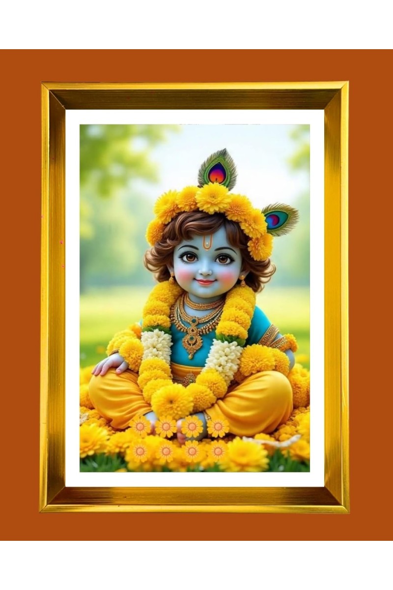 Little Krishna Golden Photo Frame - 10x14 Inches | Elegant Wooden Frame For Home, Office & Temple Decoration | Spiritual Wall & Table Decor and Gift Item