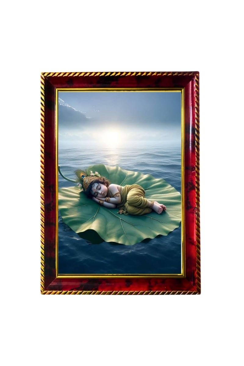 Srikrishna Sleeping On Leaf Photo Frame For Wall & Table | 7x9 Inch Golden Cherry Finish | Decorative Srikrishna Sleeping On Leaf Photo Frame For Home, Office & Pooja Room (F11476)