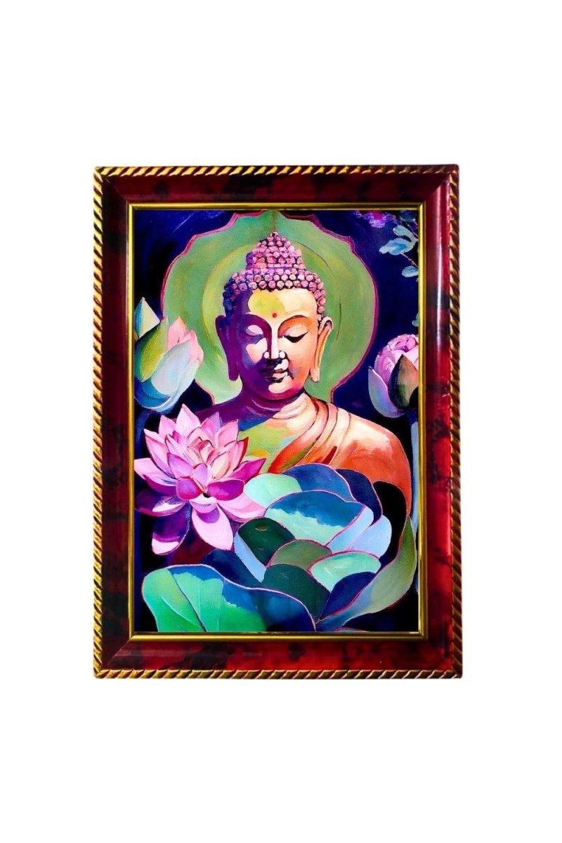 Calm Buddha Photo Frame For Wall & Table | 7x9 Inch Golden Cherry Finish | Decorative Calm Buddha Photo Frame For Home, Office & Pooja Room (F11588)