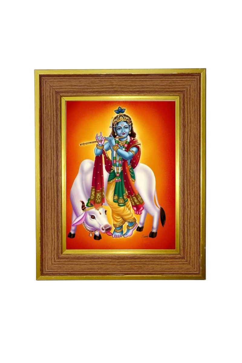 Lord Krishna Photo Frame 18x22 Inches-Brown Wooden Frame For Home, Office & Temple Decoration And Gifting (F6405)