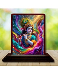 Car Desk/Table Top Lord Krishna Wooden Photo Stand 3x4 Inches, Compact & Stylish Spiritual Display For Car, Home & Office (Pack Of 1) (F14245)