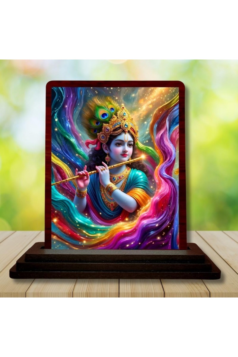 Car Desk/Table Top Lord Krishna Wooden Photo Stand 3x4 Inches, Compact & Stylish Spiritual Display For Car, Home & Office (Pack Of 1) (F14245)