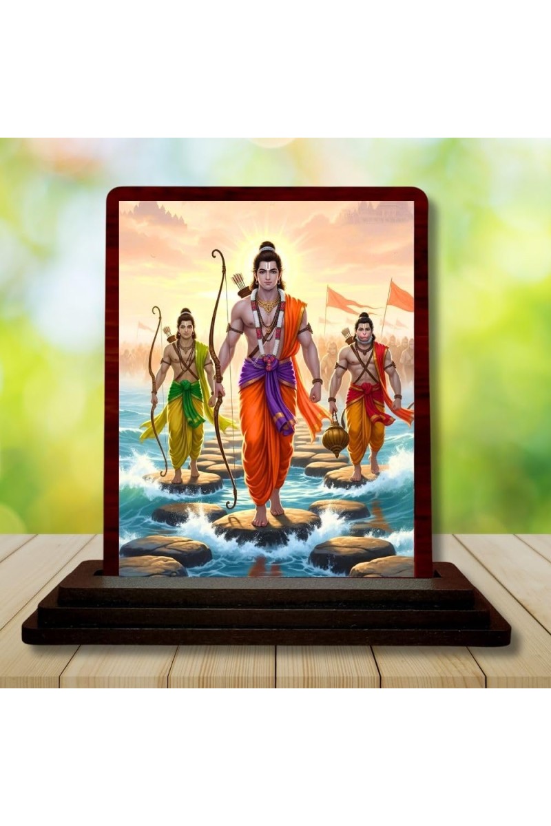Car Desk/Table Top Lord Rama And Hanuman And Lakshman Wooden Photo Stand 3x4 Inches, Compact & Stylish Spiritual Display For Car, Home & Office (Pack Of 1) (F14306)