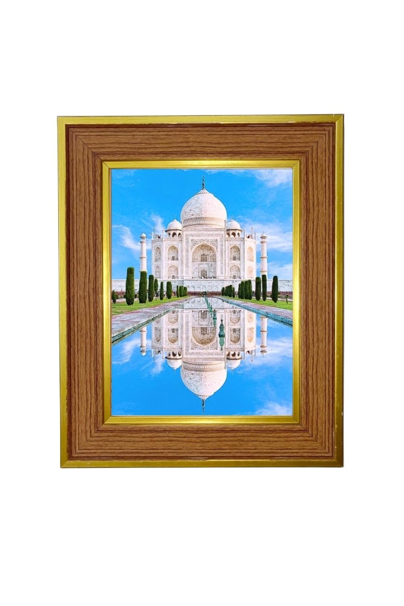 White-marble Mausoleum Photo Frame 12x16 Inches-Brown Wooden Frame For Home, Office & Temple Decoration And Gifting (F6348)