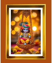 Little Krishna Golden Photo Frame - 10x14 Inches | Elegant Wooden Frame For Home, Office & Temple Decoration | Spiritual Wall & Table Decor and Gift Item