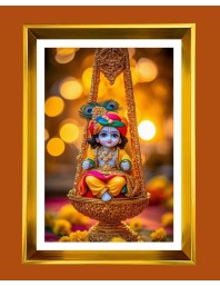 Little Krishna Golden Photo Frame - 10x14 Inches | Elegant Wooden Frame For Home, Office & Temple Decoration | Spiritual Wall & Table Decor and Gift Item
