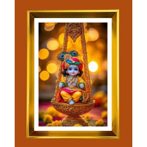 Little Krishna Golden Photo Frame - 10x14 Inches | Elegant Wooden Frame For Home, Office & Temple Decoration | Spiritual Wall & Table Decor and Gift Item