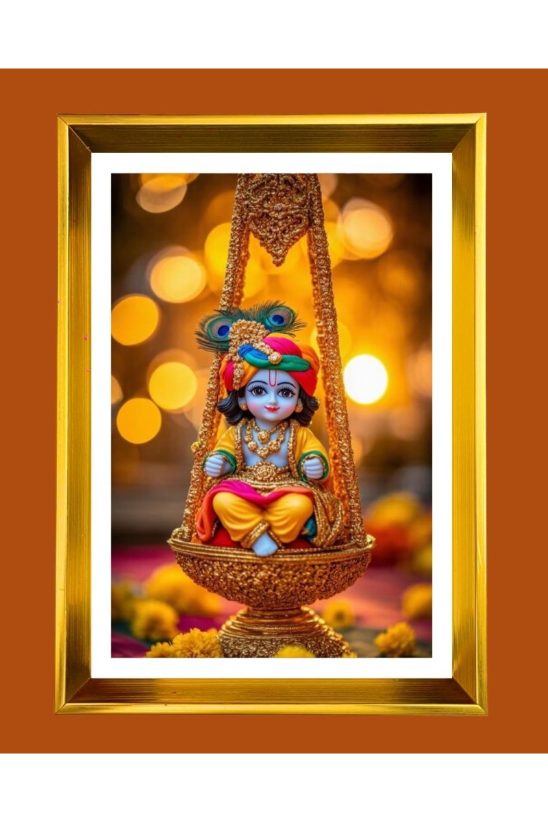 Little Krishna Golden Photo Frame - 10x14 Inches | Elegant Wooden Frame For Home, Office & Temple Decoration | Spiritual Wall & Table Decor And Gift Item (F9459)