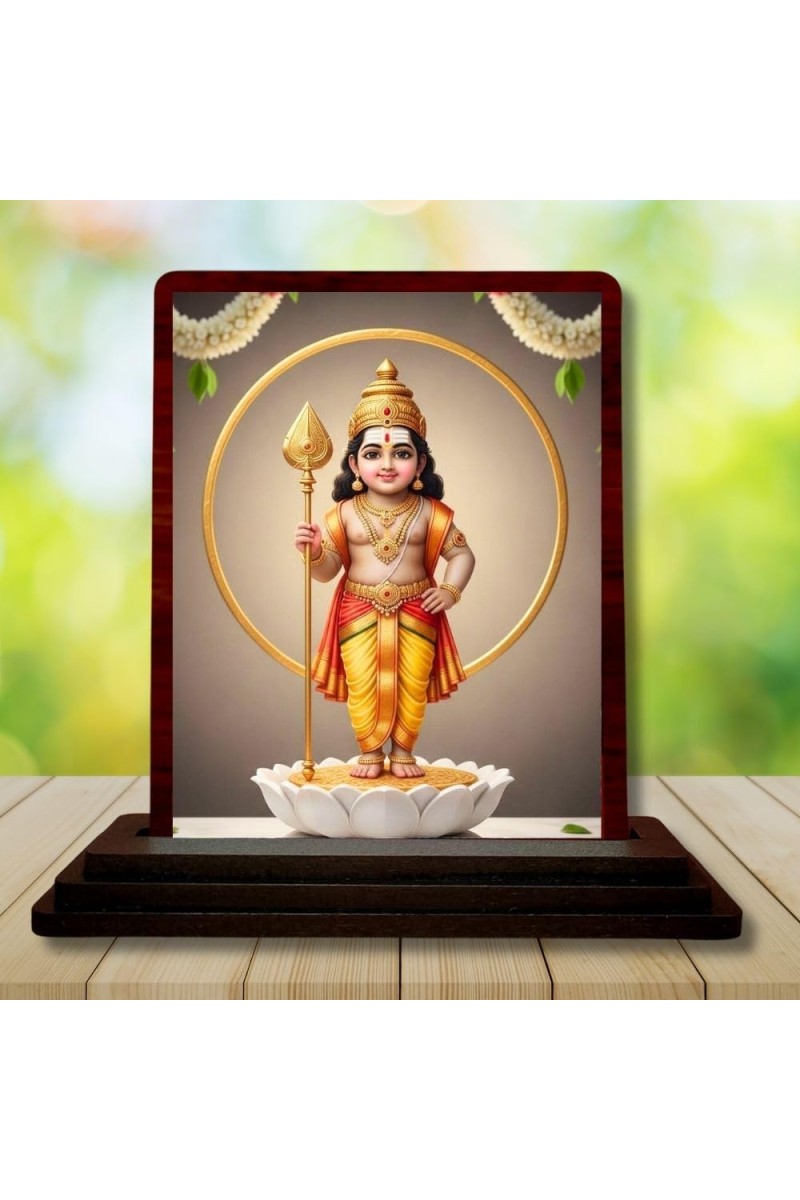 Car Desk/Table Top Lord Karthikeya Wooden Photo Stand 3x4 Inches, Compact & Stylish Spiritual Display For Car, Home & Office (Pack Of 1) (F14374)