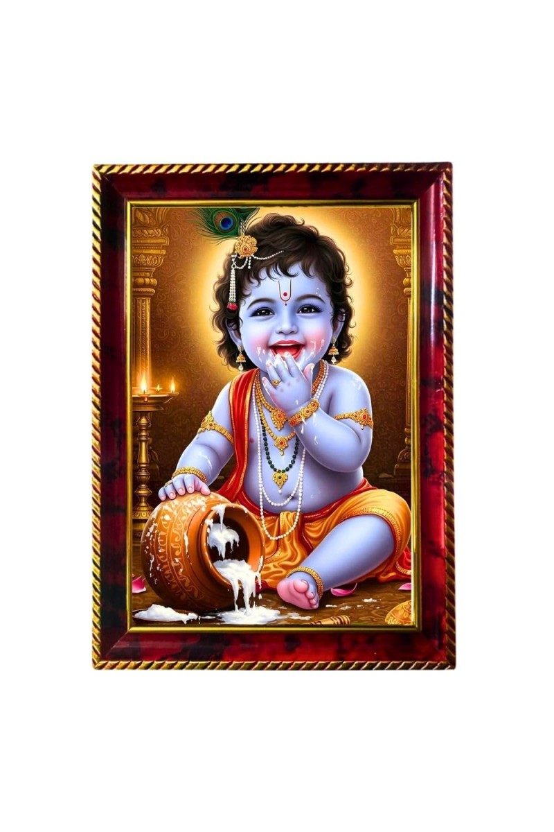 Lord Little Krishna Photo Frame For Wall & Table | 7x9 Inch Golden Cherry Finish | Decorative Lord Little Krishna Photo Frame For Home, Office & Pooja Room (F11317)