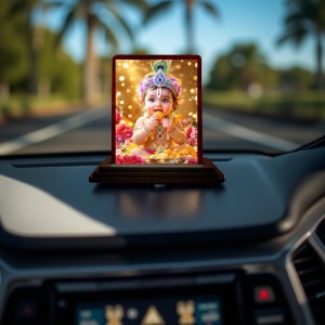Car Desk/Table Top Bal Krishna Wooden Photo Stand 3x4 Inches, Compact & Stylish Spiritual Display For Car, Home & Office (Pack Of 1) (F14973)