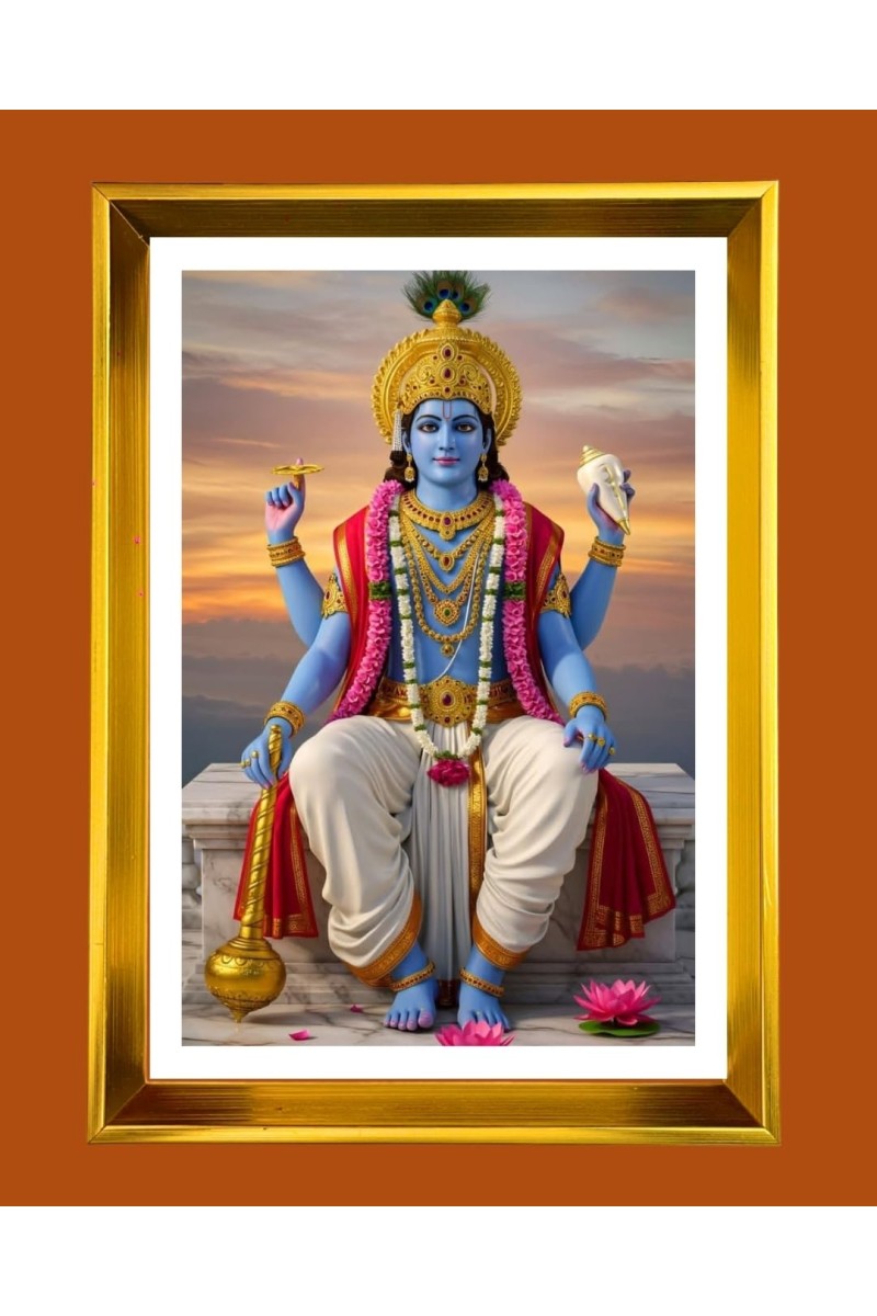 Lord Vishnu Golden Photo Frame - 16x20 Inches | Elegant Wooden Frame For Home, Office & Temple Decoration | Spiritual Wall & Table Decor And Gift Item (F9420)