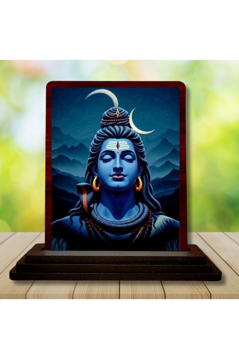 Car Desk/Table Top Lord Shiva Wooden Photo Stand 3x4 Inches, Compact & Stylish Spiritual Display For Car, Home & Office (Pack Of 1) (F14256)