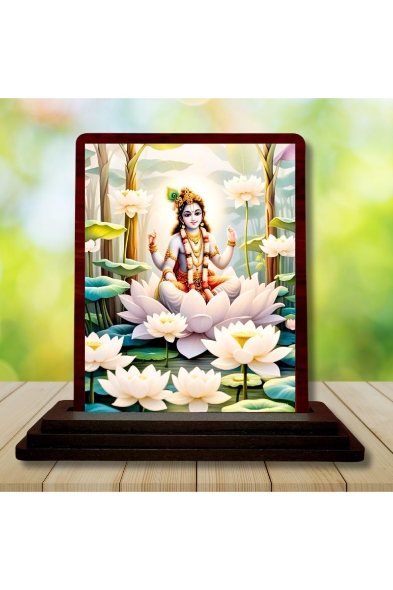 Car Desk/Table Top Lord Krishna Wooden Photo Stand 3x4 Inches, Compact & Stylish Spiritual Display For Car, Home & Office (Pack Of 1) (F14516)